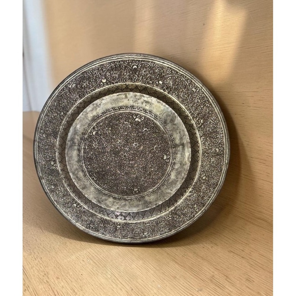 Large Vintage Repoussé Metal Wall Charger Decorative Tray 24.5" Floral Design